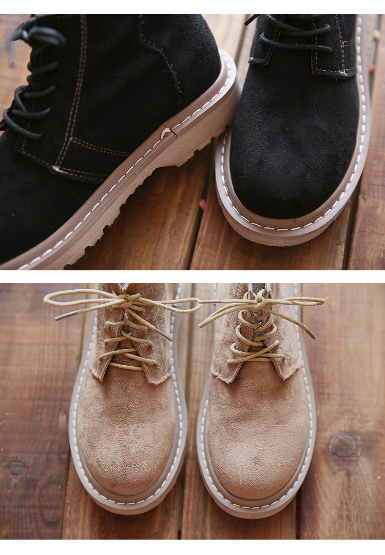 Vintage Suede Round Toe Lace-Up Ankle Boots