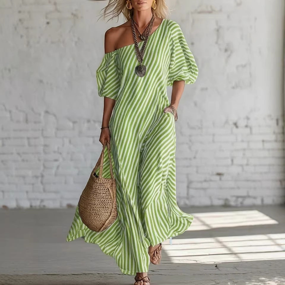 Womens Striped Off-shoulder Dress