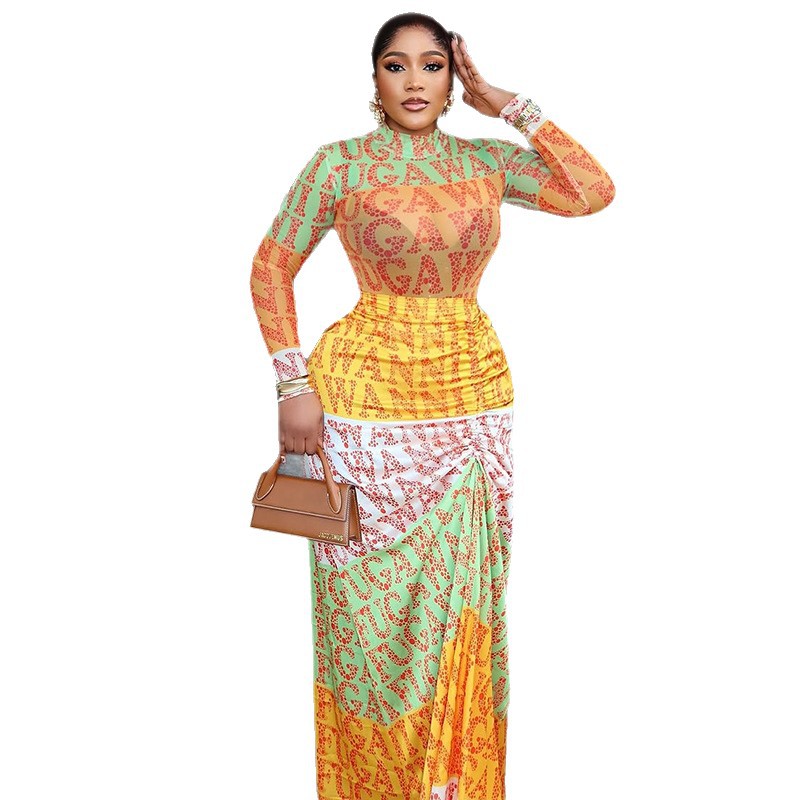Waist-cinching High-neck Long-sleeve Spliced Slightly Sheer Dress