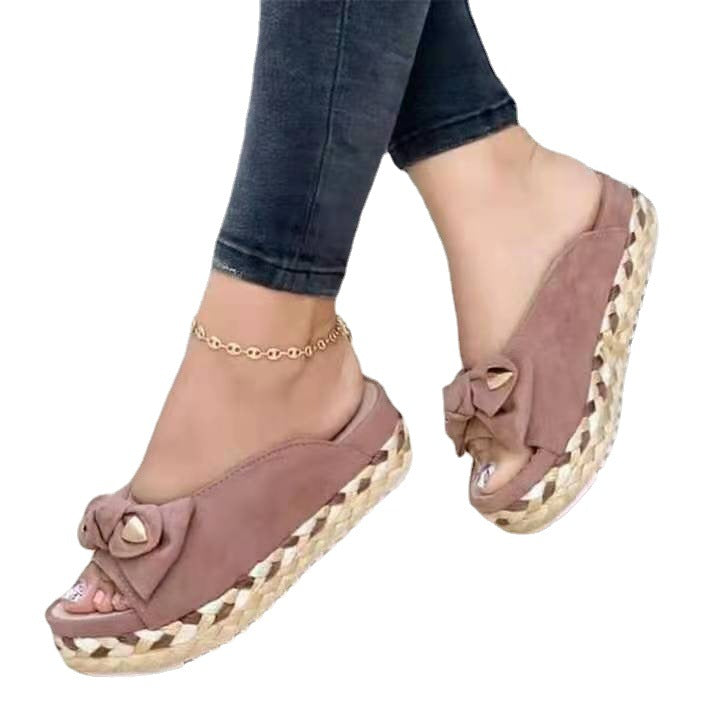 Ladies Platform Casual Roman Bow Slippers