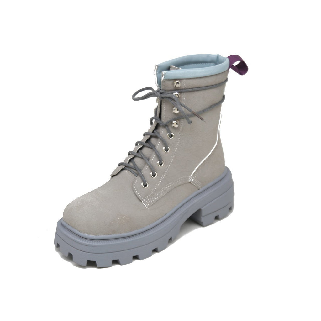 Square toe platform mid-heel lace-up fashion boots