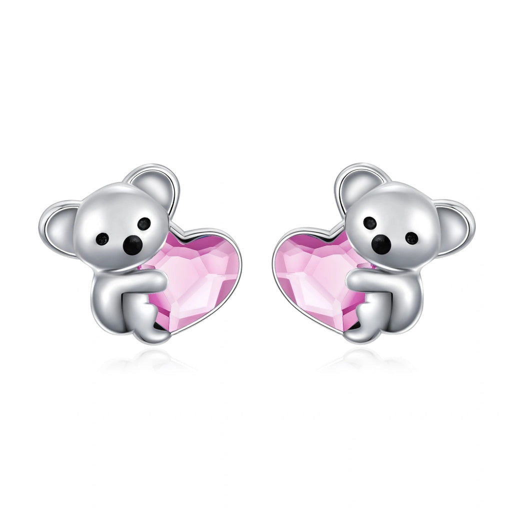 925 Sterling Silver Koala Bear Cute Animal Hypoallergenic Heart Crystal Earrings Jewellery