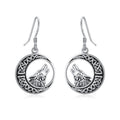 Wolf Celtic Moon Dangle Drop Earrings in Sterling Silver