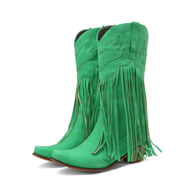 Womens Retro Mid-Calf Chunky Heel Round-Toe Boots