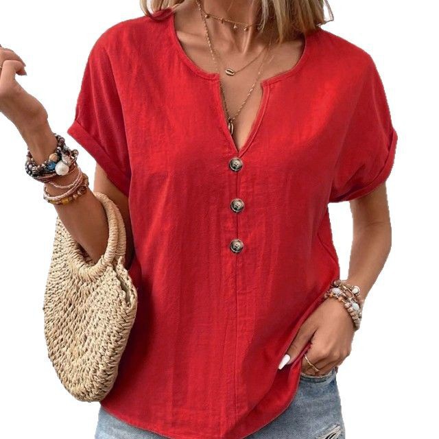 Women's Buttoned V-neck Short-sleeve T-shirt Top