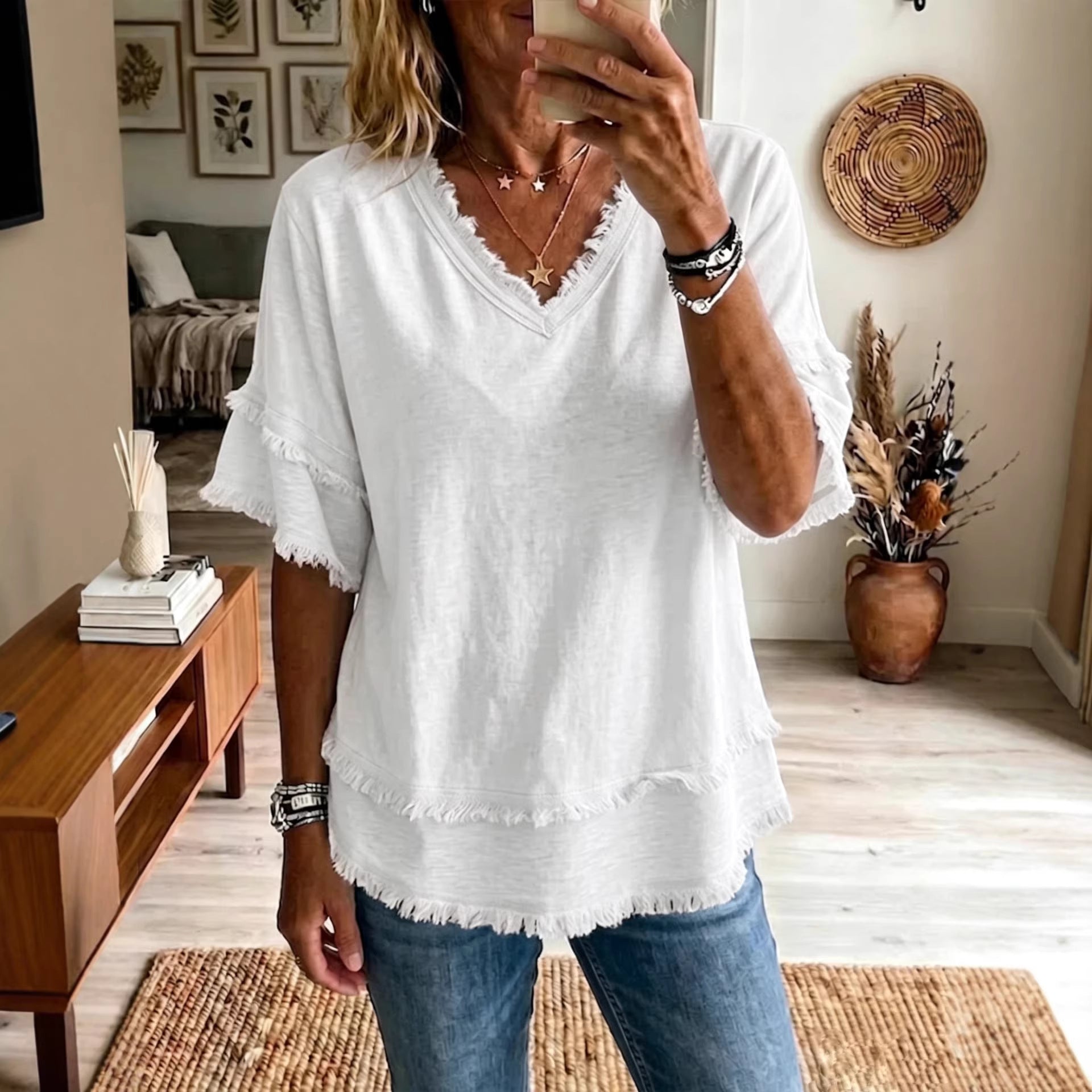 Casual Women's Shirt V-Neck Short Sleeve Loose Fit Pure Color Summer Fashion Trend Pullover Tops For Daily Wear