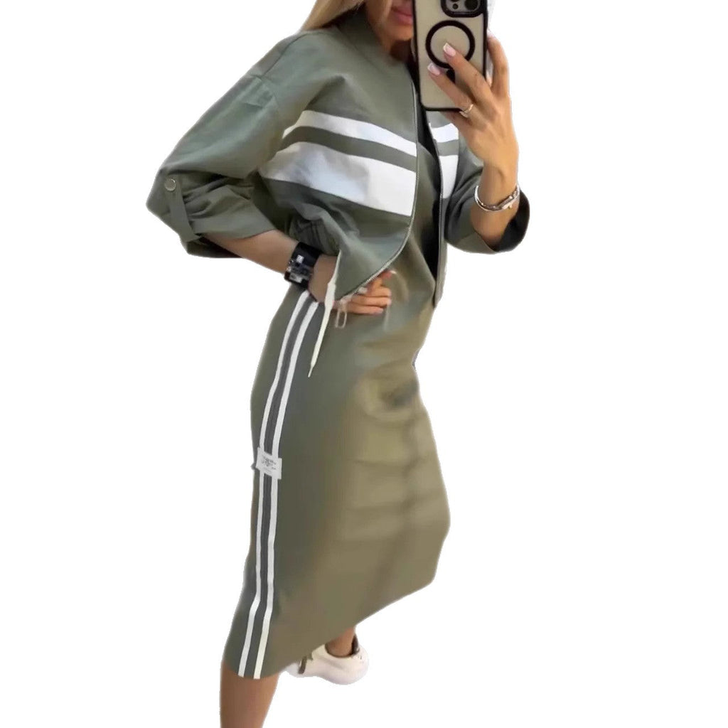 Casual Zipper White Stripe Edge Jacket Coat Dress Women's Suit