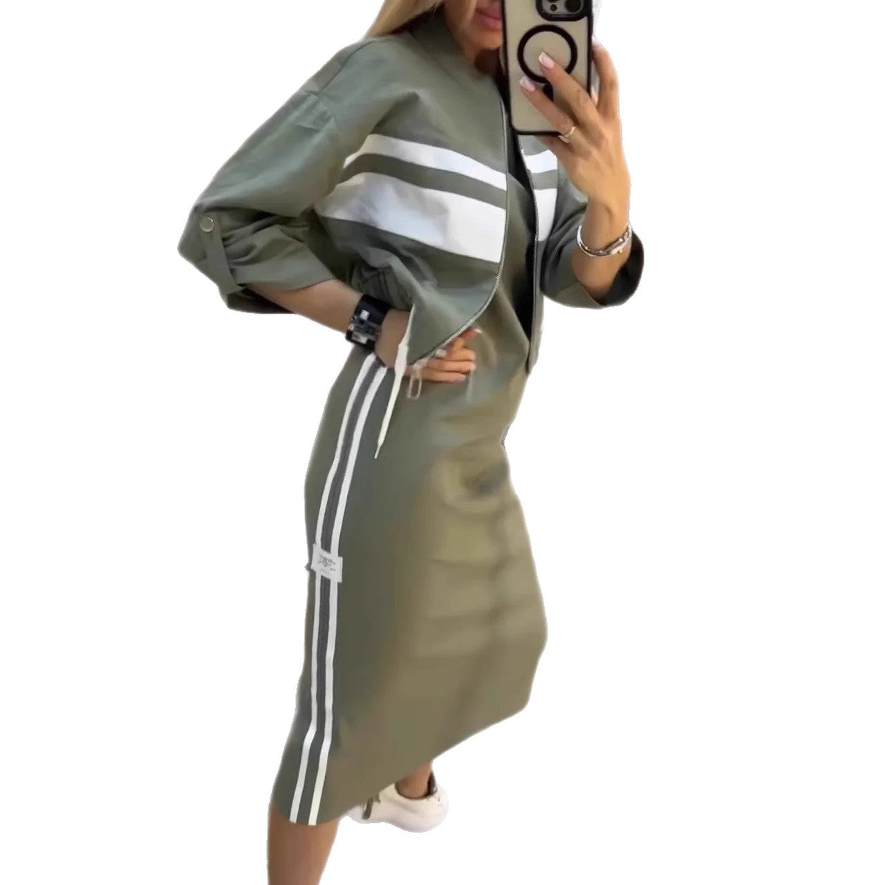 Casual Zipper White Stripe Edge Jacket Coat Dress Women's Suit