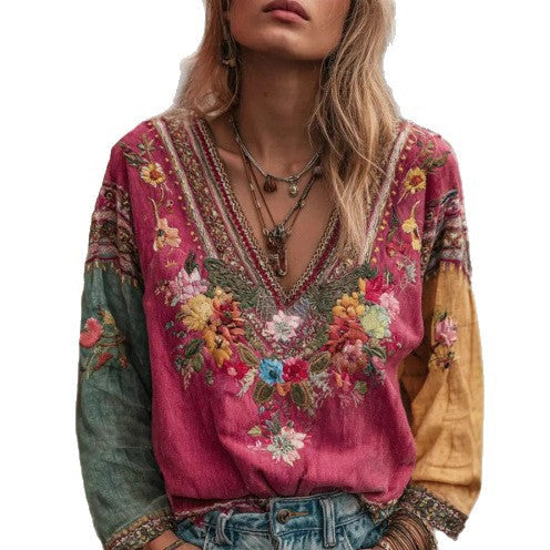 Women's Casual Vintage Bohemian V-neck Top With Ethnic-style Long Sleeves