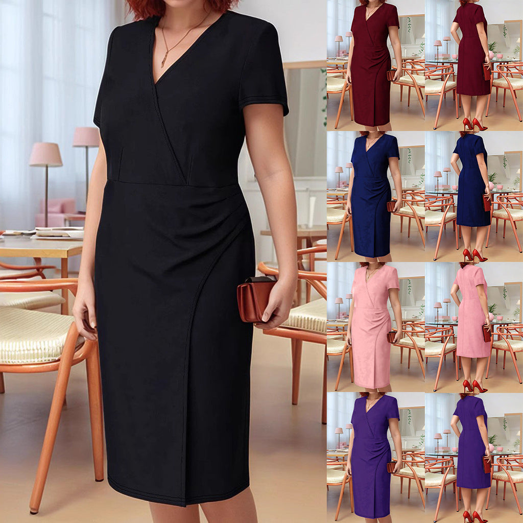 Women's Short-sleeve Solid Color Plus-size Dress