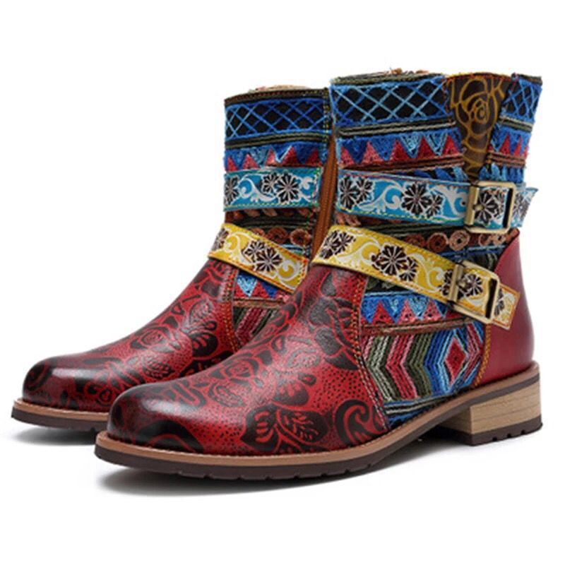 Belt buckle Martin boots women round toe mid-tube boots