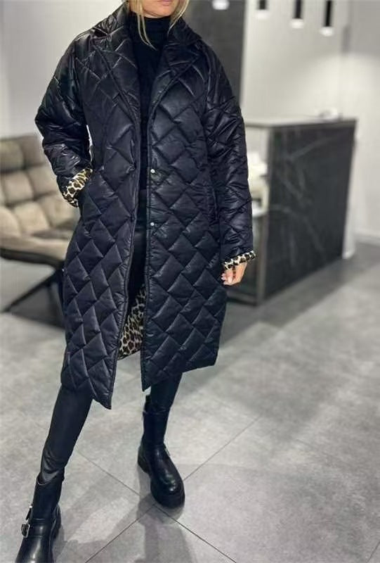 Winter Rhombus Stitching Coat Warm Solid Color Pocket Lapel Long Jacket Women's Clothing