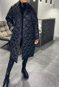 Winter Rhombus Stitching Coat Warm Solid Color Pocket Lapel Long Jacket Women's Clothing