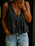 SpringSummer Womens Solid-Colored V-Neck Ruffled Sleeveless Top Vest