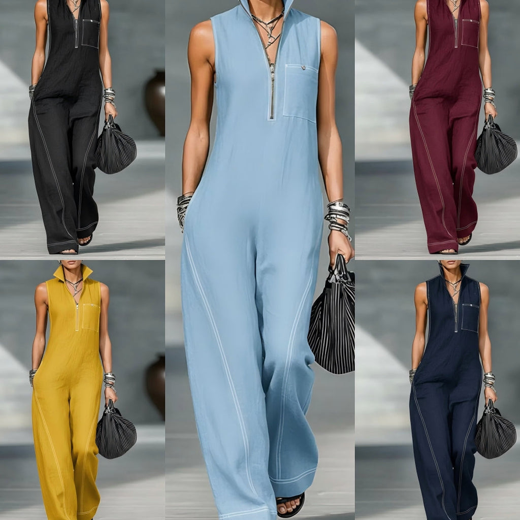 Stand-up Collar Jumpsuit With Pockets Summer Fashion Casual Sleeveless Jumpsuit Trousers Women's Clothing
