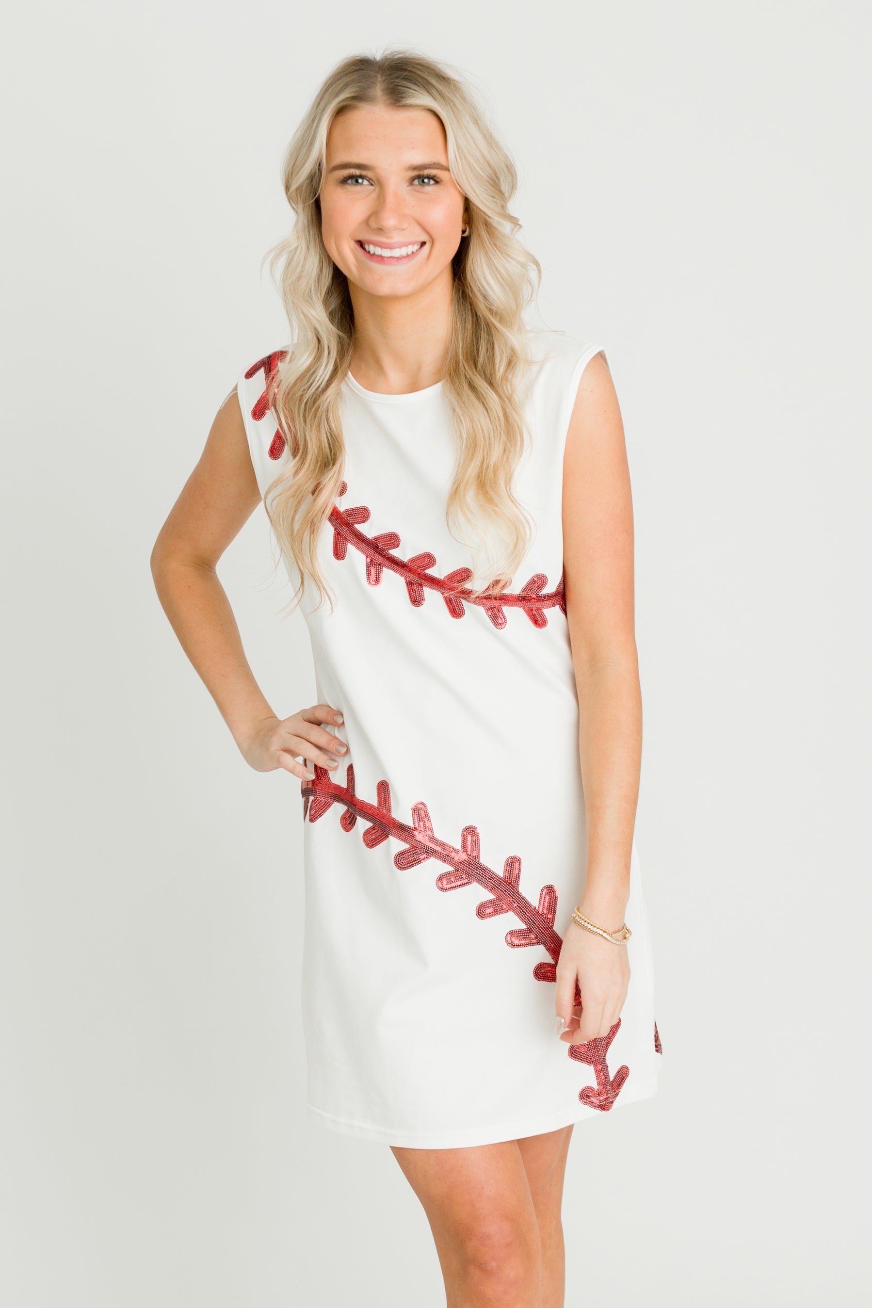 Sequin Baseball Game Day White Dress