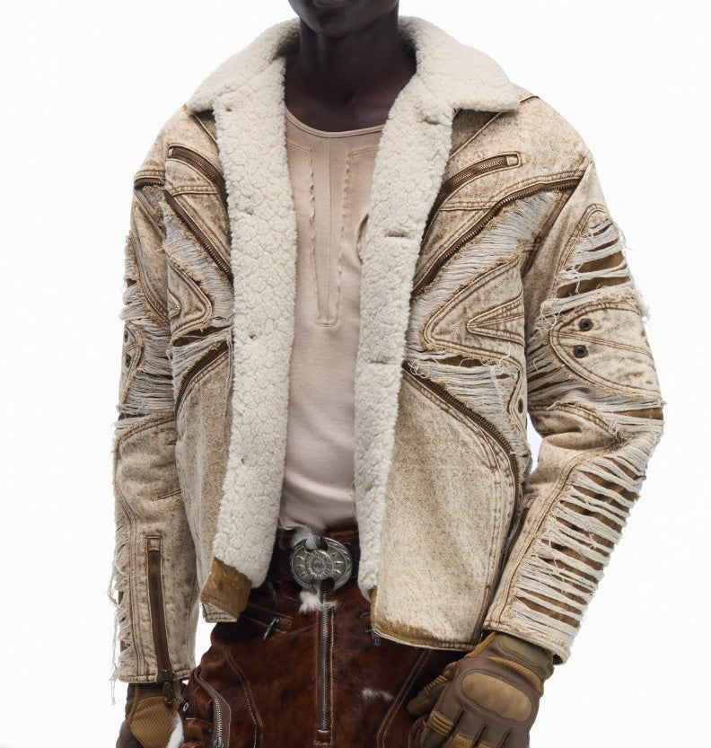 Ravaged And Distressed Apricot Lambswool Denim Jacket
