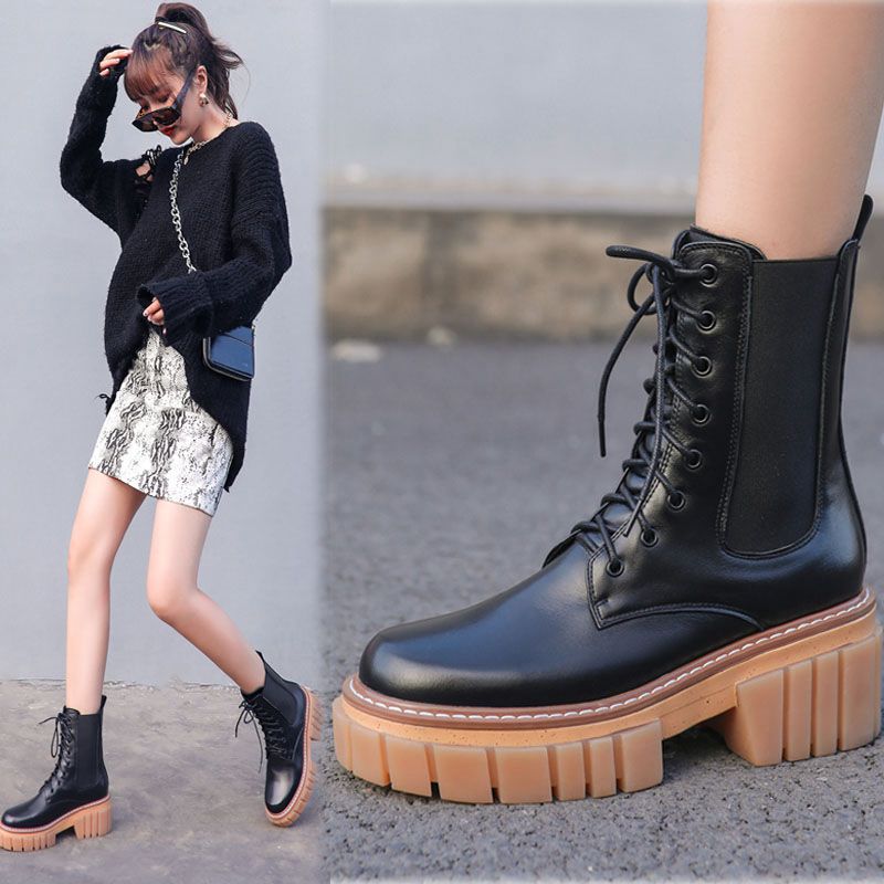 Round Toe High Heeled Leather Platform Retro Martin Ankle Boots
