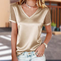 Solid-color V-neck Mesh Rhinestone-studded Short-sleeve T-shirt