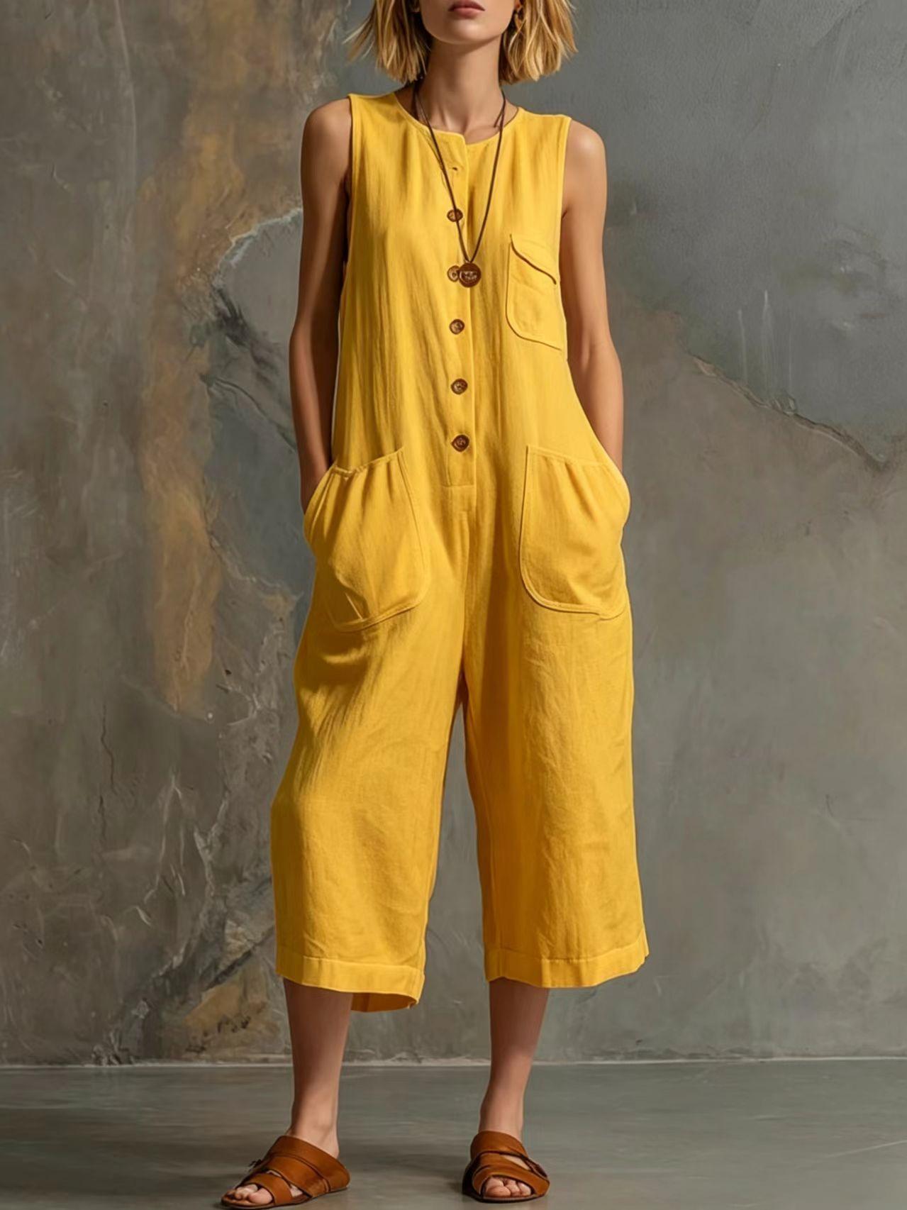 Retro Sleeveless Cotton-Linen Wide-Leg Cropped Jumpsuit