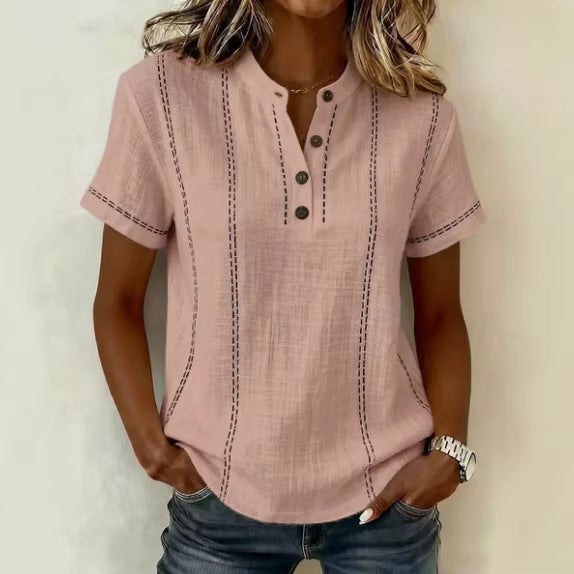 Summer Striped Short-Sleeve Shirts Casual Stand-Collar V-neck Button Blouse Womens Clothing