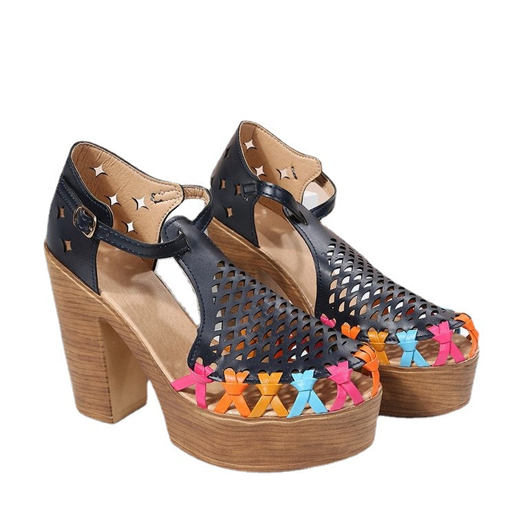 Printed Ethnic Style High-heeled Women's Floral Buckle Chunky Heel Toe Roman Sandals