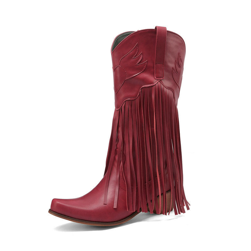 Womens Retro Mid-Calf Chunky Heel Round-Toe Boots