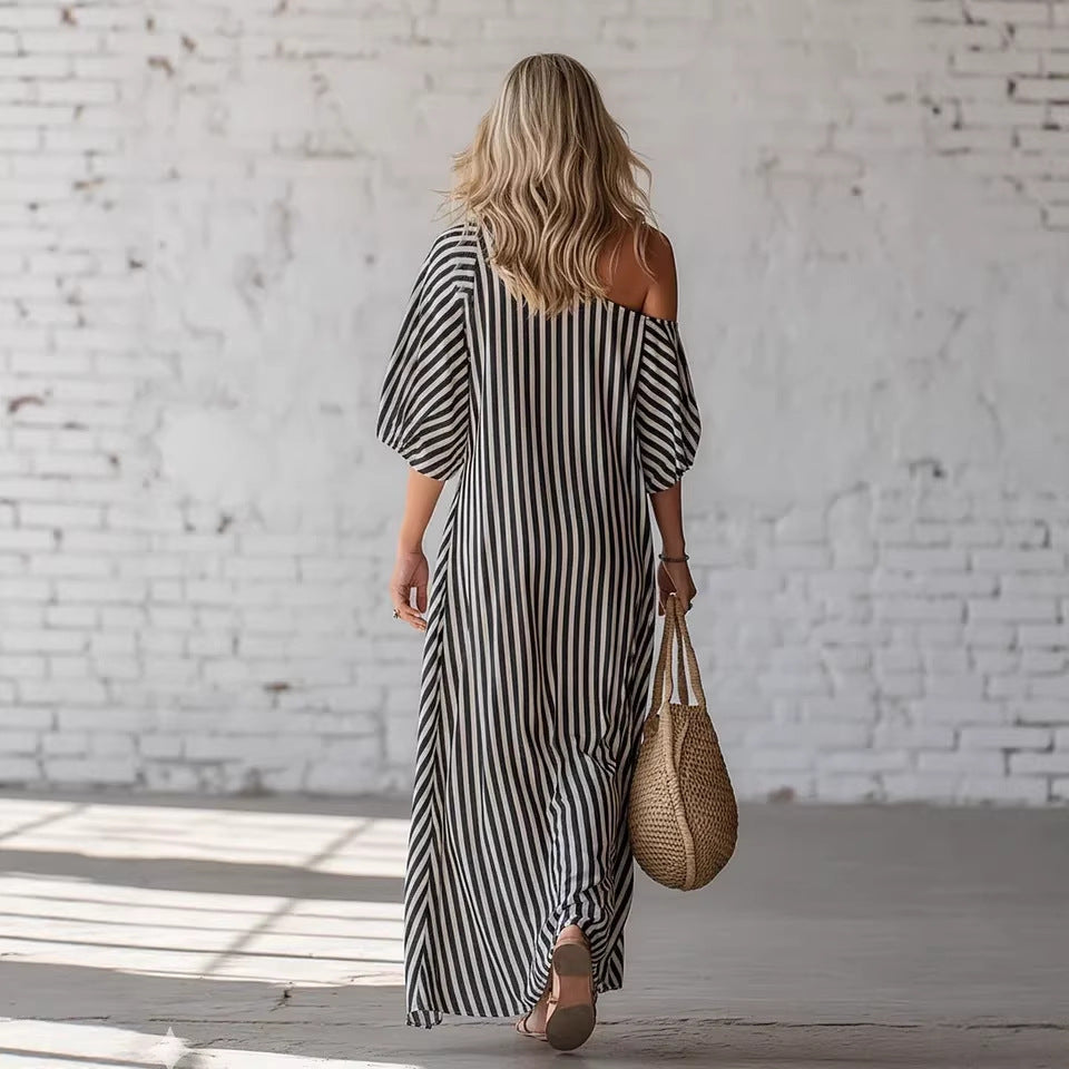 Womens Striped Off-shoulder Dress