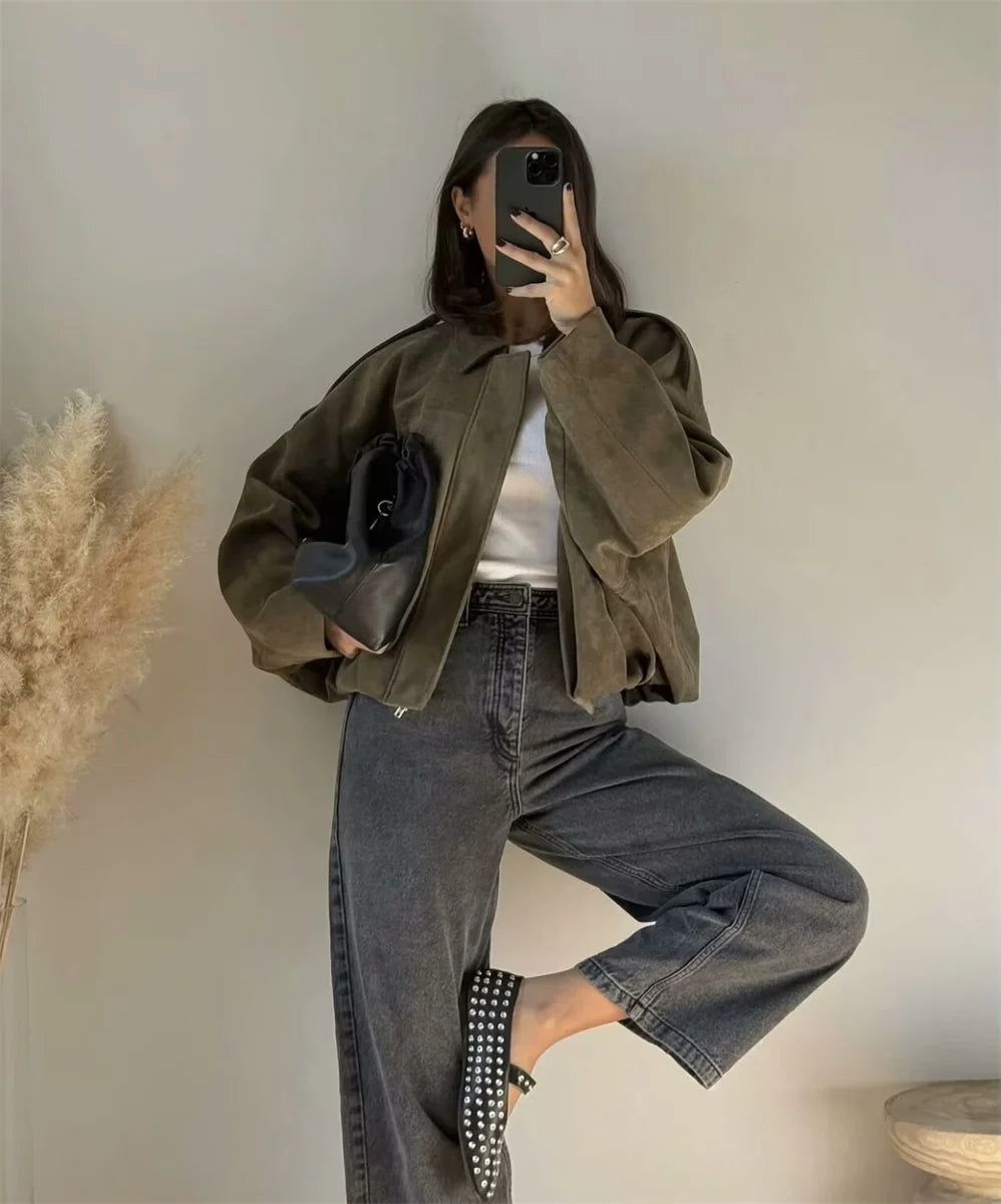 Women's Army Elegant Bomber Jackets Coats Fashion Turn-down Collar Long Sleeve Loose Coats Vintage Female Outerwear Chic Tops