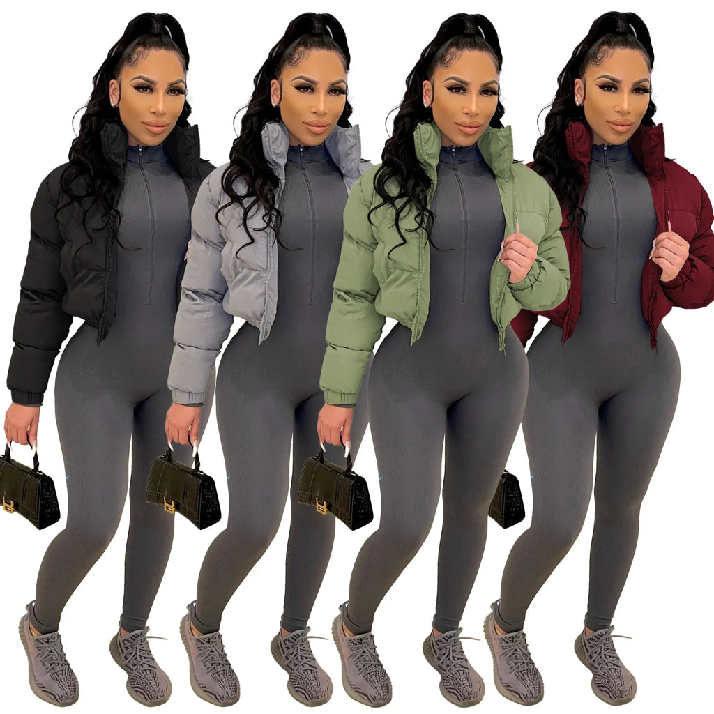Fall Zip Up Turtleneck Cropped Puffer Jacket Solid Color Wholesale Winter Clothes Women Bubble Coat Outwear