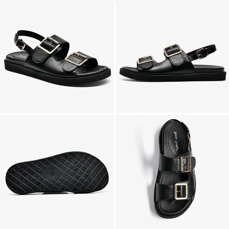 BeauToday Casual Sandals Women Genuine Leather Metal Ankle Buckle Strap Summer Beach Ladies Low Heel Sport Shoes Handmade 38128