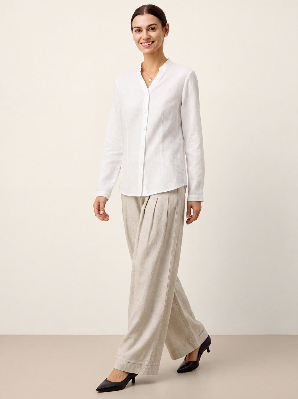 Linen-Lyocell Mandarin Collar Fitted Seam Shirt THORA