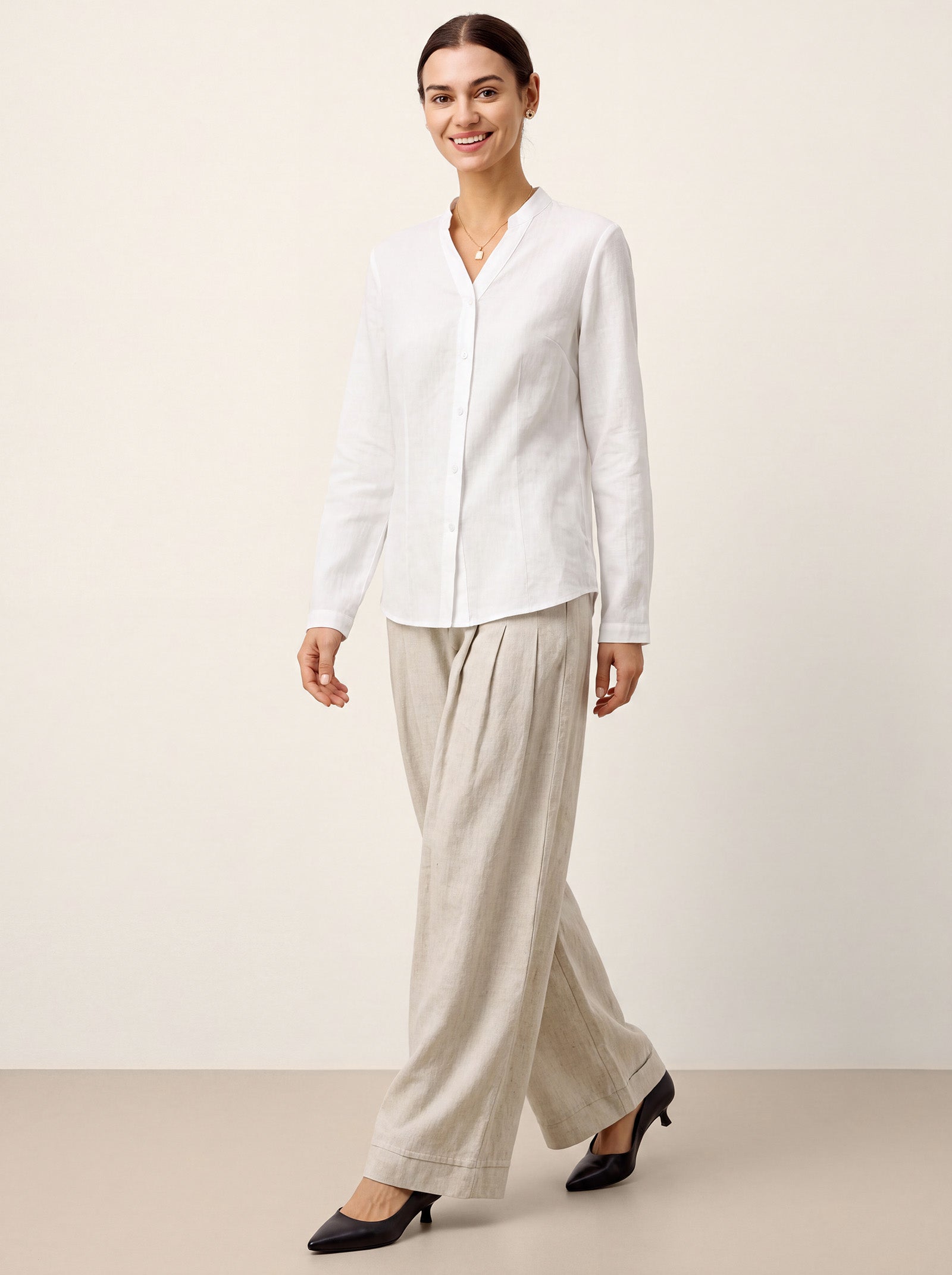 Linen-Lyocell Mandarin Collar Fitted Seam Shirt THORA