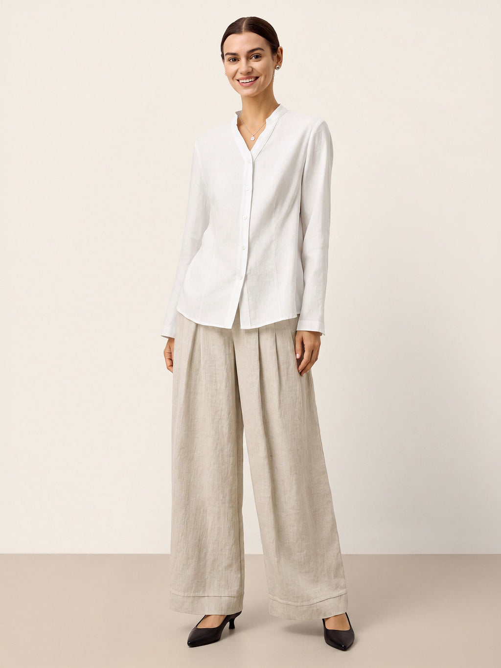 Linen-Lyocell Mandarin Collar Fitted Seam Shirt THORA