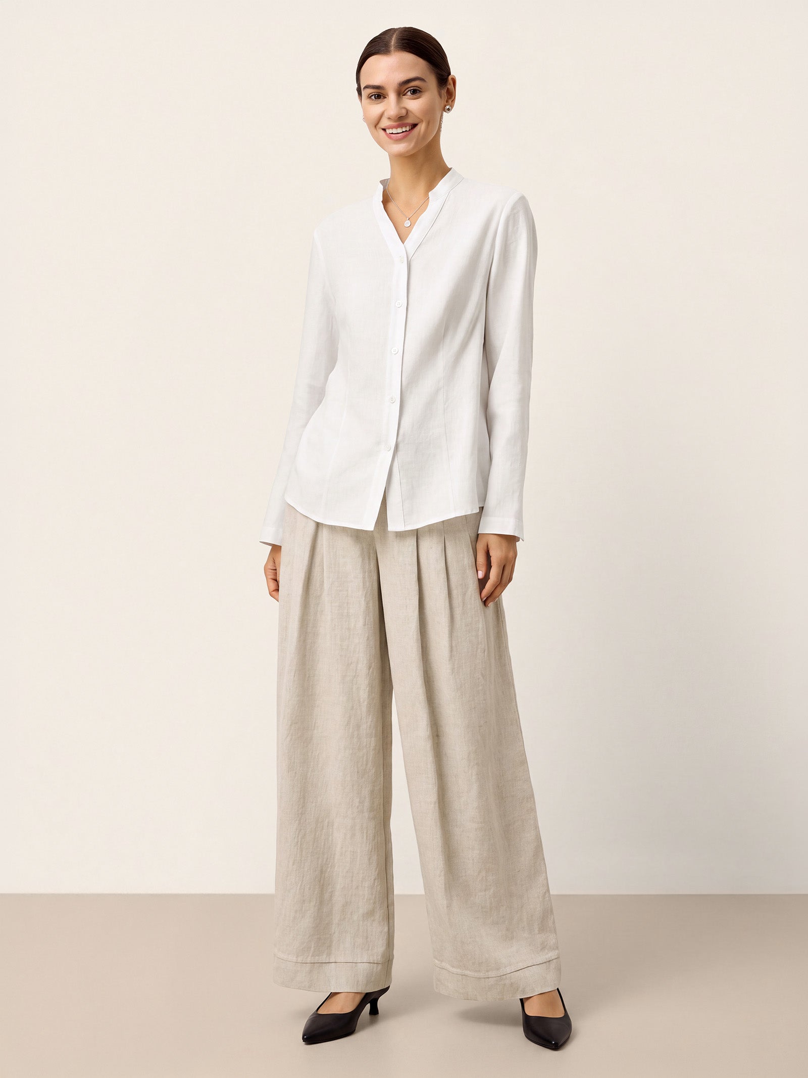 Linen-Lyocell Mandarin Collar Fitted Seam Shirt THORA