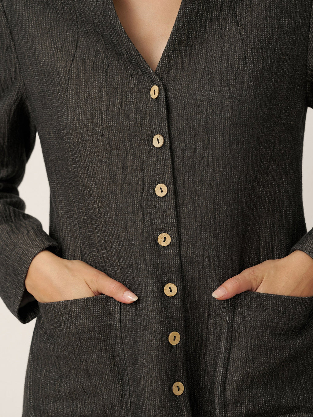 Linen Mandarin Collar Button-Up Long Shirt Jacket JORDAN