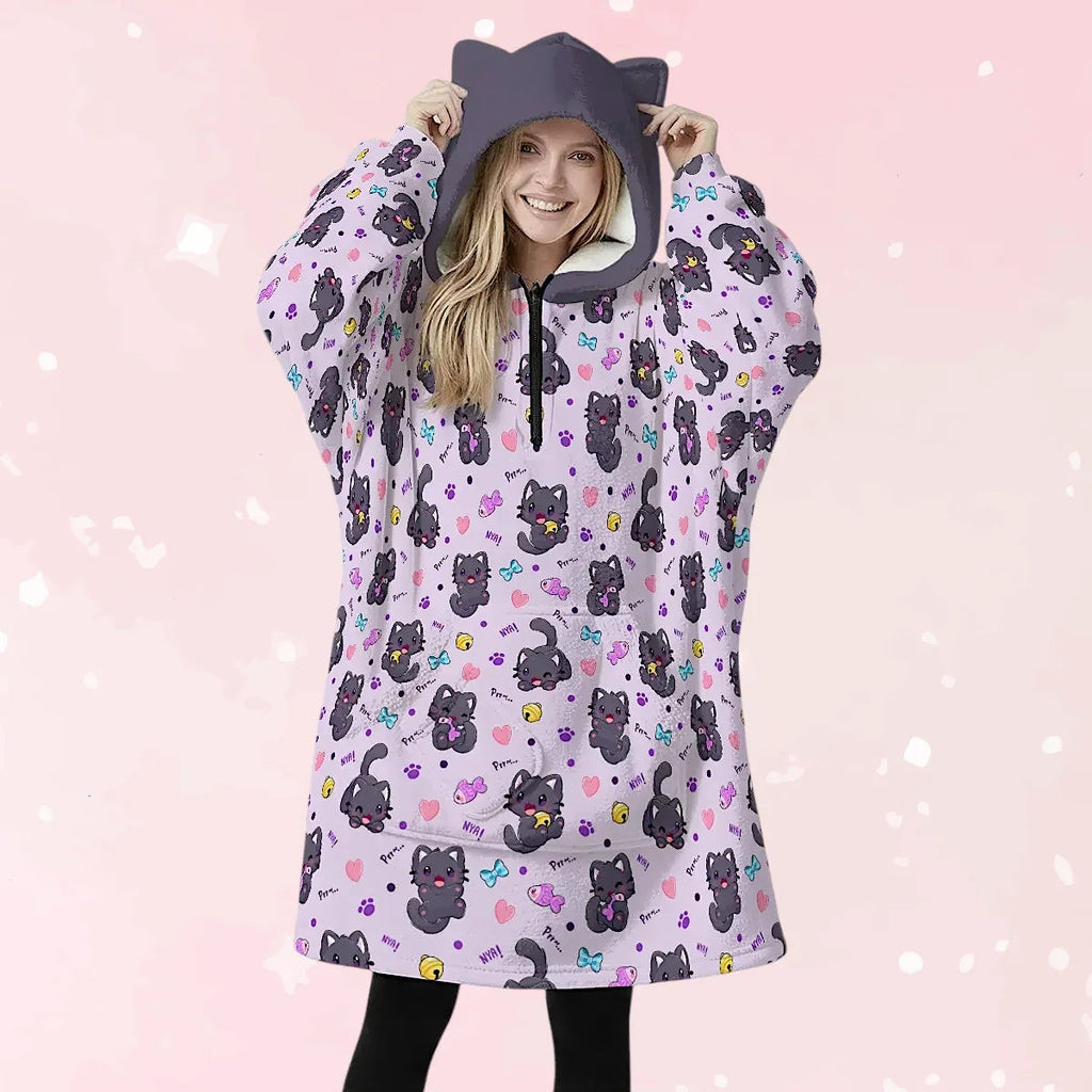 Purrfect Cozy Ear Fleece Hoodie Blanket