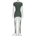 Women Clothing Summer Solid Color Sexy Short Sleeve Back Hollow Out Cutout Ribbon Pleated Slim Dress