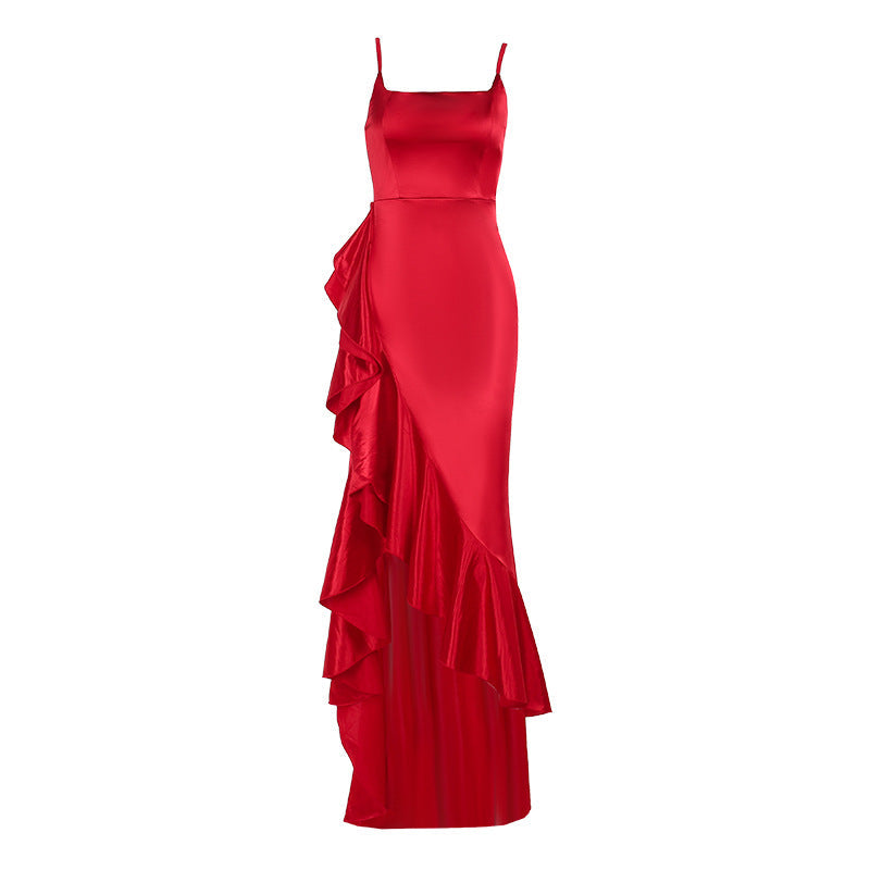 Women Autumn Slit Sexy Spaghetti Strap Ruffle Dress