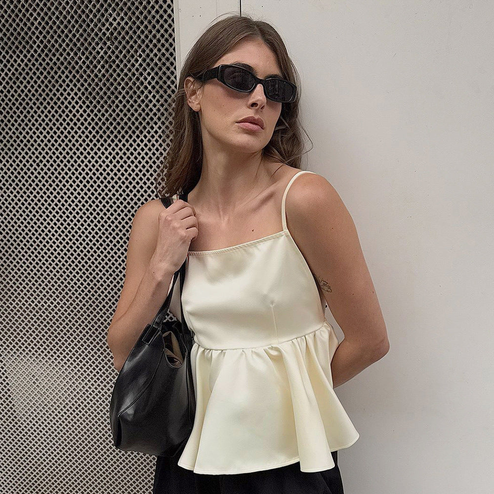 Satin Sling Summer Sexy Backless Adjustable Price Spaghetti Straps Sleeveless Ruffle Top