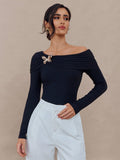 Spring off Shoulder Butterfly Brooch Design Slim Fit Long Sleeved Women Top