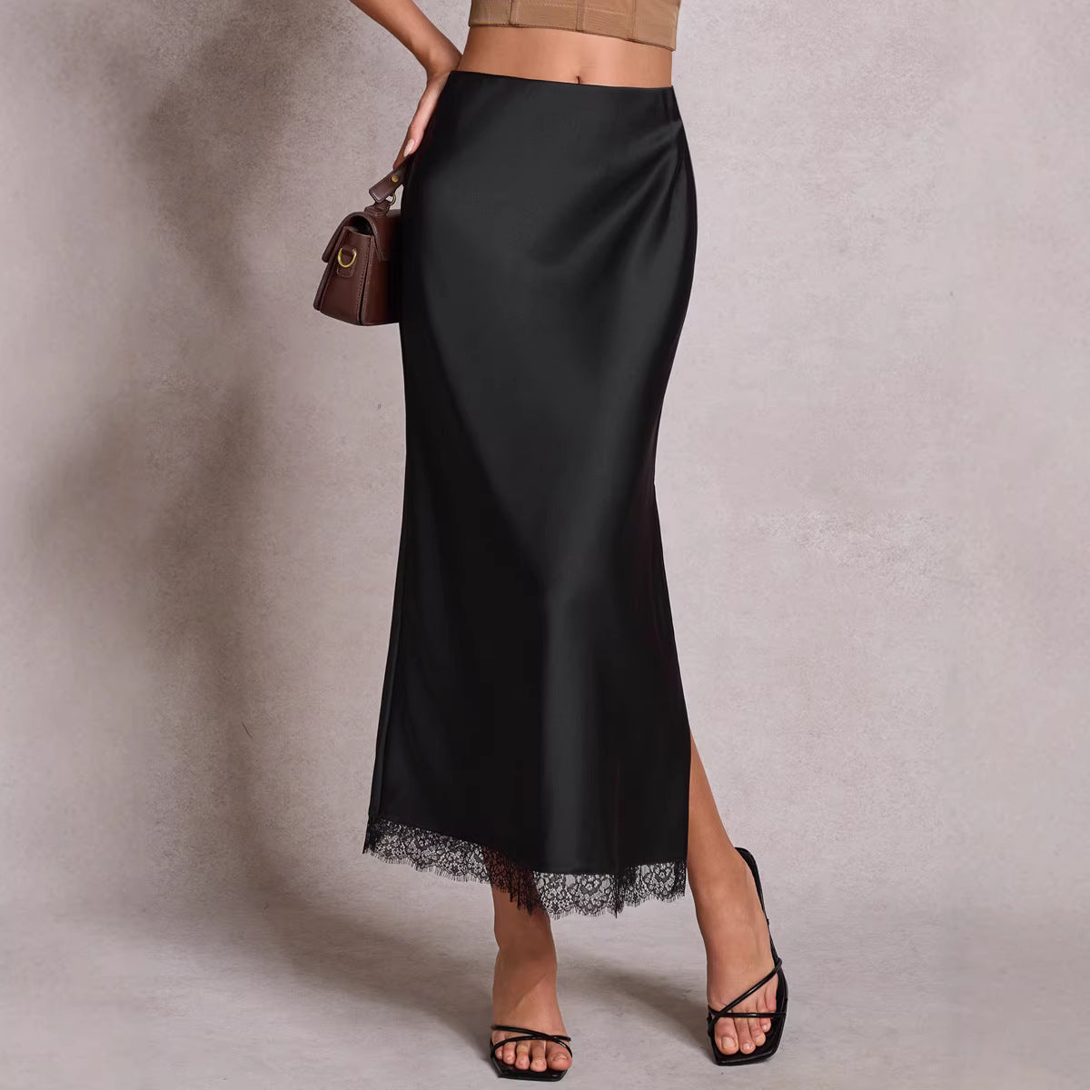 Women Clothing Satin Skirt Lace Split High Waist Elastic Sexy Sheath Skirt