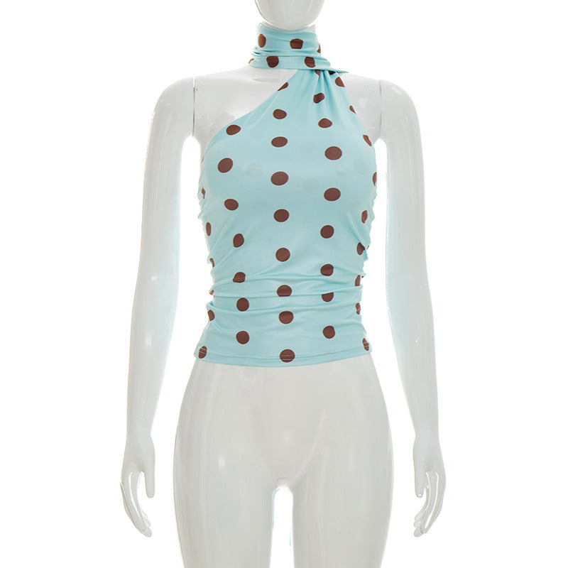 Women Sexy Slim Vest Wave Dot Double Layer Scarf Detail Top
