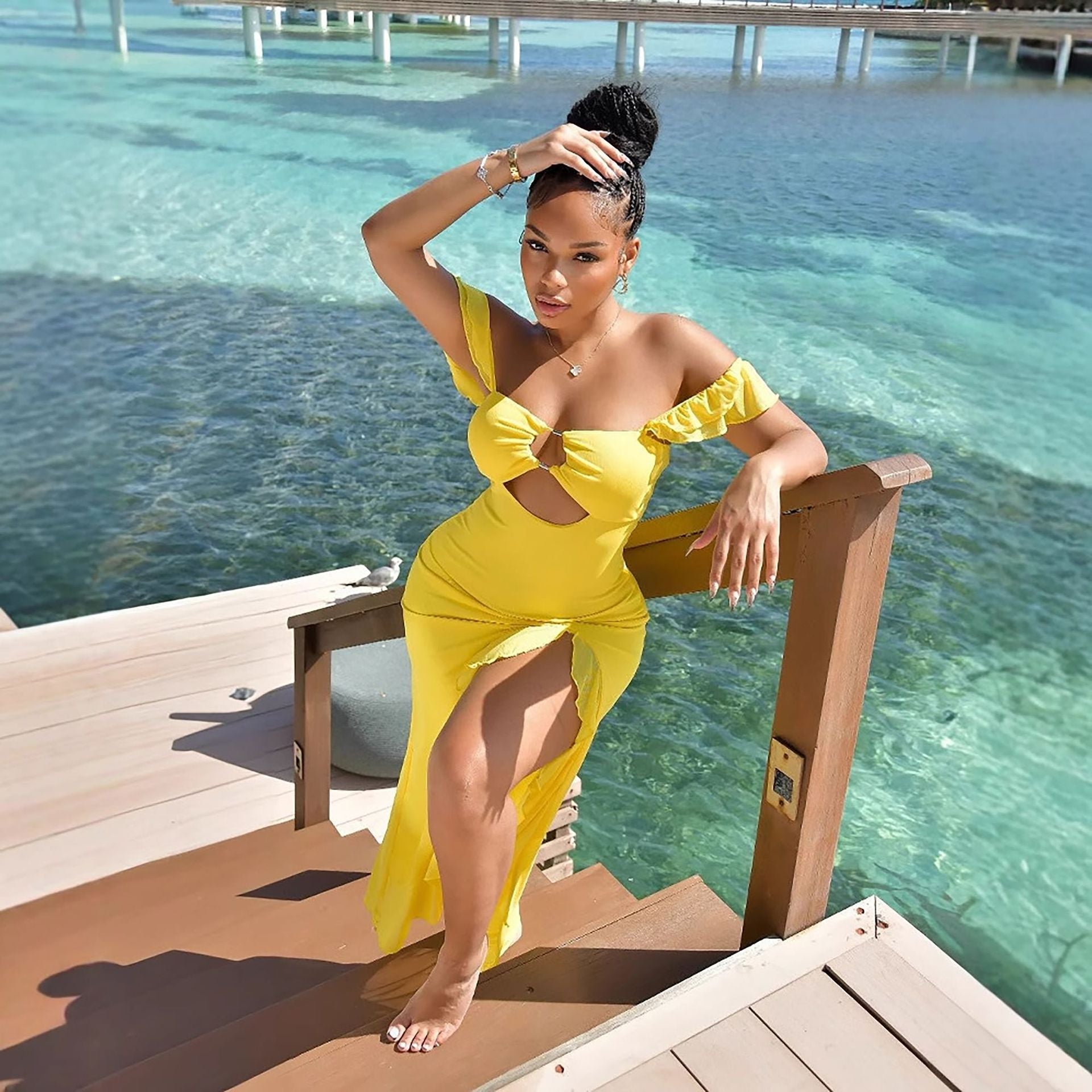 Summer Women Sexy off Shoulder Tube Top Hollow Out Cutout Slim Fit Slit Dress