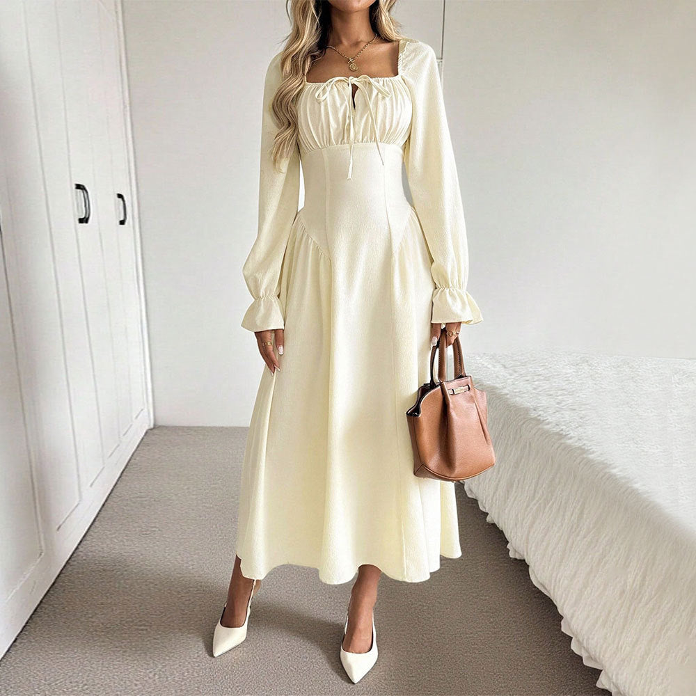 Women Clothing Gentle Square Collar Lace up Long Sleeve Dress Pleated Waist Tight Slimming A line Big Hem Dress