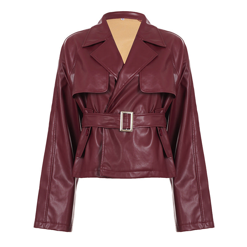Women Clothing Japanese Buckle Belt Leather Coat Solid Color Windbreaker Sexy Long Sleeved Top Autumn Winter Outer Tower