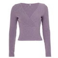 Sexy Gentle Purple Sunken Stripe Cross Collar Long Sleeve T shirt Autumn Winter Idle Waist Controlled Top