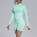 Seamless Knitted Long Sleeve Zipper Yoga Jacket Tight V Waist Yoga Shorts Fitness Yoga Wear Set for Women