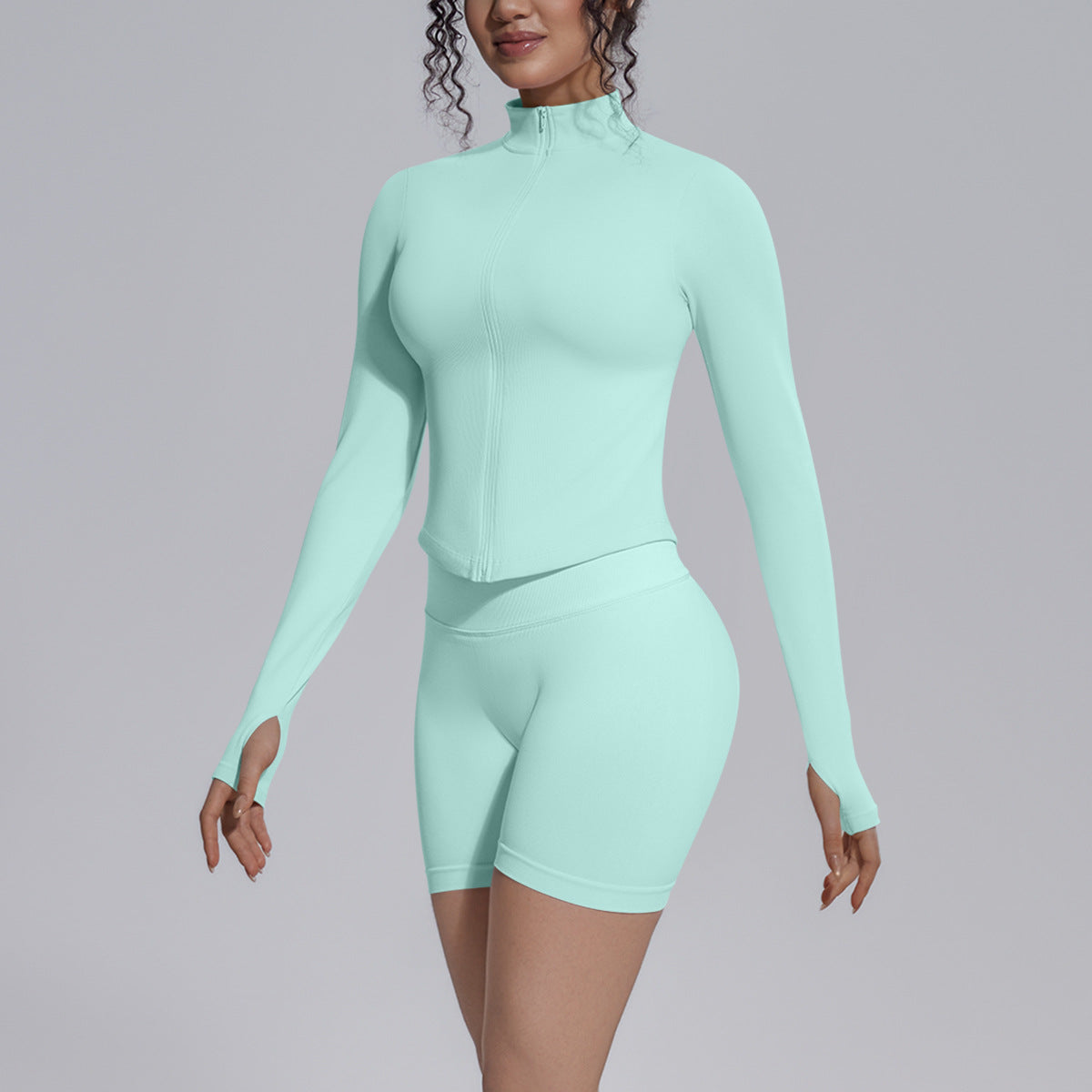 Seamless Knitted Long Sleeve Zipper Yoga Jacket Tight V Waist Yoga Shorts Fitness Yoga Wear Set for Women