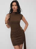 Spring Knitted Texture Solid Color Slim Slimming Metal Buckle Dress